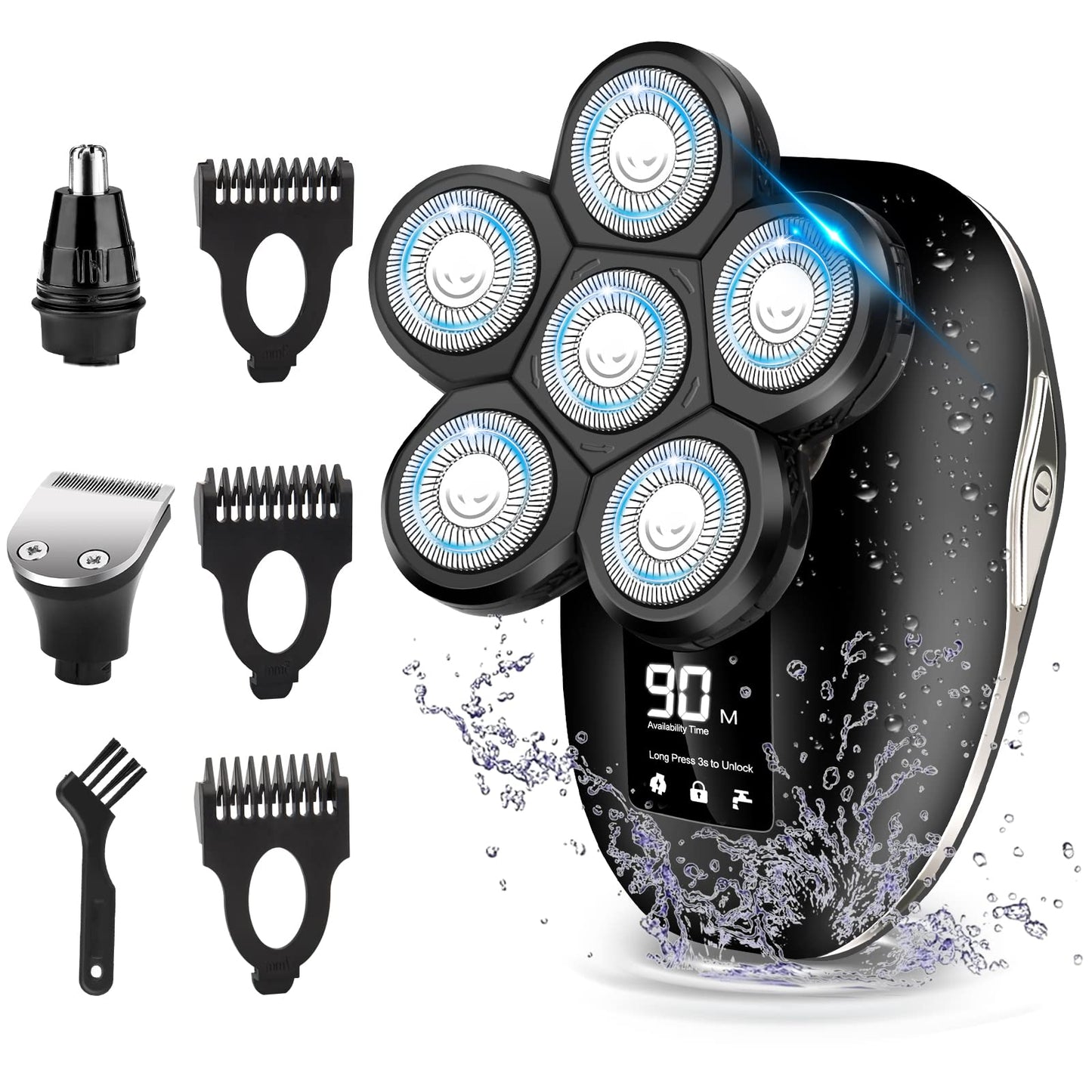 Electric Head Shaver for Bald Men 6 in 1 Mens Electric Head Razor Bald Head Shaver Cordless Electric Razor Men IPX7 Wet/Dry Waterproof Mens Rotary with Head Shaver Kit LED Display Silver